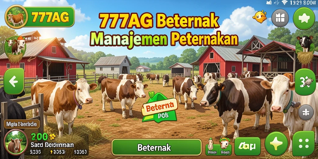 Antarmuka menarik dari game Beternak 777AG yang menampilkan aktivitas peternakan.