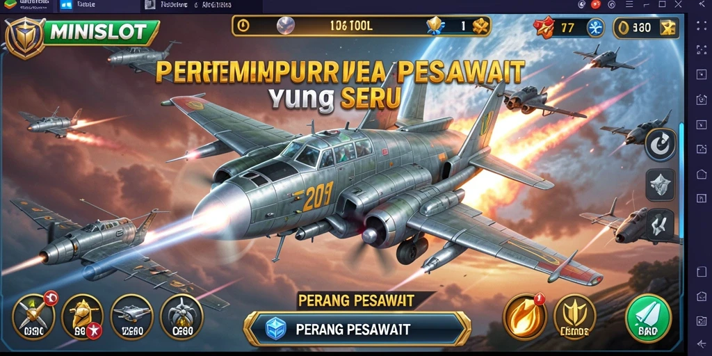 Antarmuka menarik game Perang Pesawat MINISLOT dengan pesawat tempur beraksi.