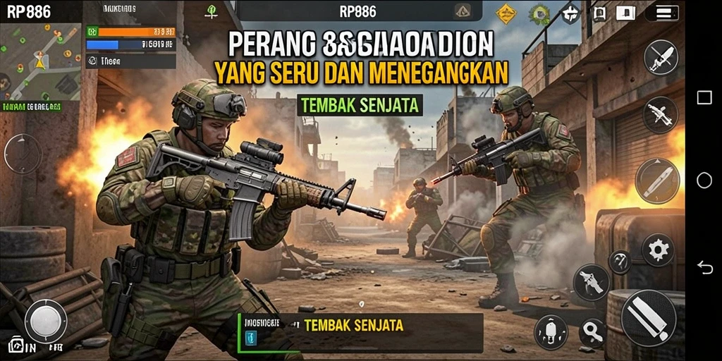 Tampilan utama RP886 menampilkan aksi tembak-menembak yang intens dan dinamis.